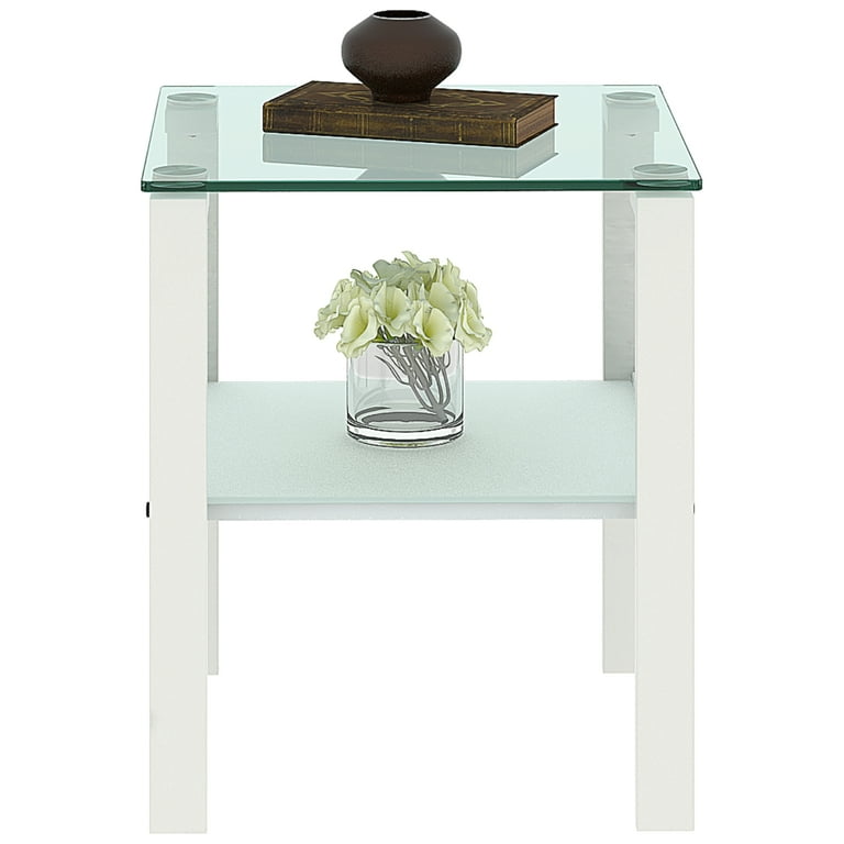 Glass End Tables Small Glass Top End Table White Side Table Square Shape Tempered Glass Top Metal Frame for Living Room Bedroom White End