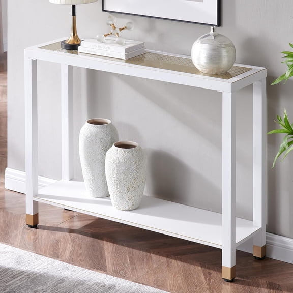 Glass Entryway Table, 2-Tier Entry Way Console Entrance Table, 41"L Narrow Sofa Table with Shelves, Ideal for Hallway, Entryway, Living Room, Foyer, Corridor, and Office (Gold & White)