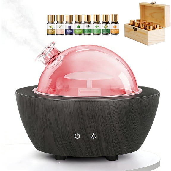 Glass Essential Oil Diffuser 280ml with Wood Grain Base, Ultrasonic Cool Mist Humidifier 7 Color Lights, Includes 8 Organic Essential Oils Set
