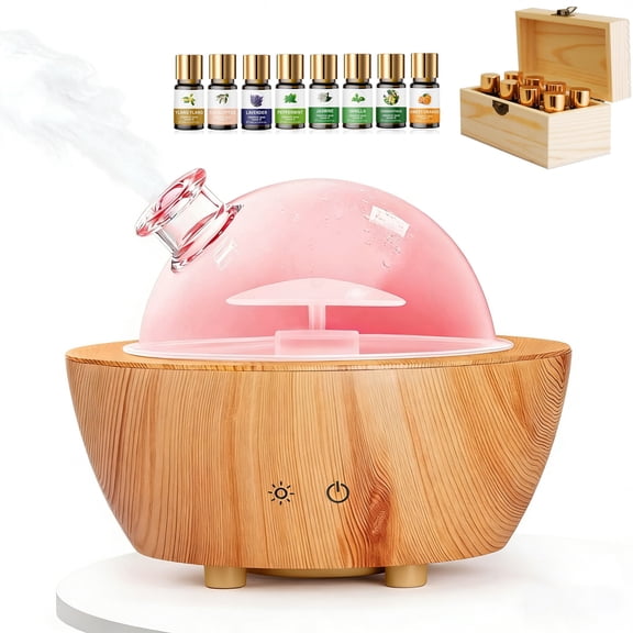 Glass Essential Oil Diffuser 280ml with Wood Grain Base, Ultrasonic Cool Mist Humidifier 7 Color Lights, Includes 8 Organic Essential Oils Set