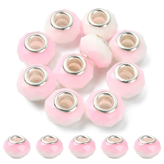 Glass European Beads Large Hole Beads with Silver Tone Brass Double Cores Faceted Rondelle Pink 14x9mm Hole: 5mm