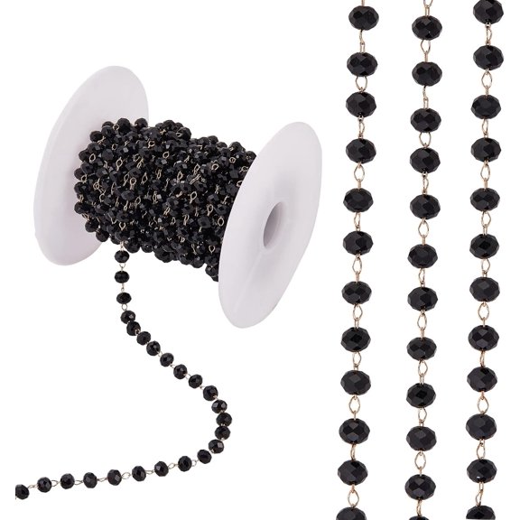 Glass Faceted Rondelle Beaded Chain Golde Plated Brass Cable Chains Soldered with Spool for Jewelry Making Black 4mm
