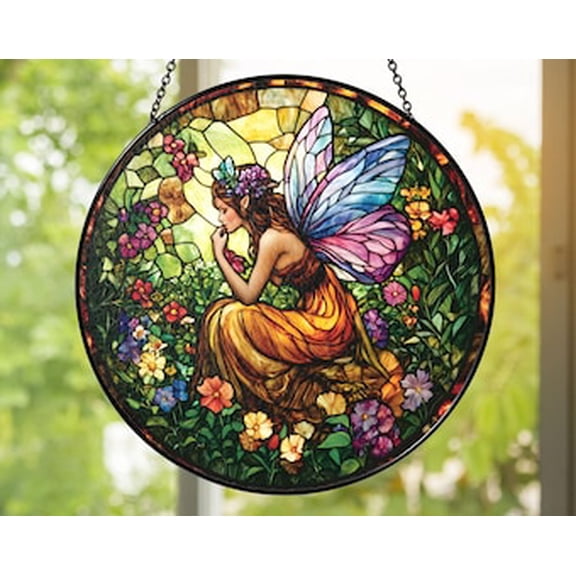 Glass Fairy Suncatcher | Enchanted Garden Window Hanging | Fantasy Boho Home Décor, Woodland Gift, Magical Art Panel, 3.5 in