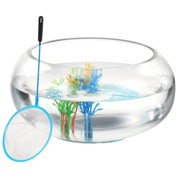 Glass Fish Bowl with Luminous Pebbles, Artificial Plants, and Net, Large Round Desktop Fishbowl, Transparent Decorative Aquarium Kit for Home Office Decor