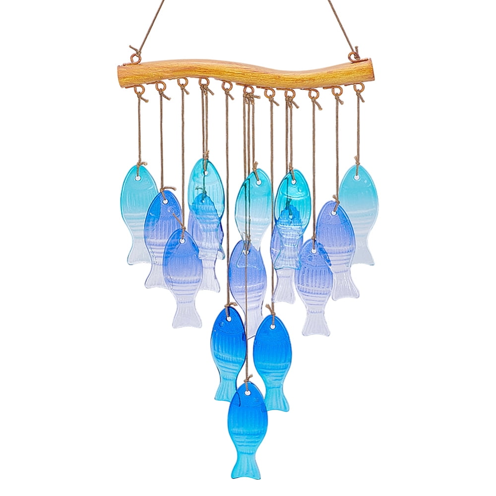 Glass Fish Tassel Wind Chimes with Iron Hook for Window Outdoor Garden Decor Dark Turquoise 550mm DIY