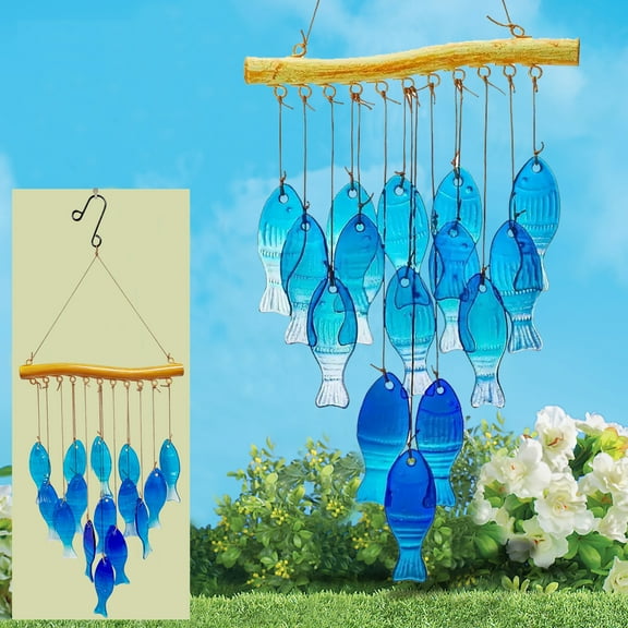 Glass Fish Wind Chimes for Outdoor Indoor Decor, Durable glass hanging for Patio Porch garden Decorative, Unique Windchimes Handcrafted Gifts, Outside Garden Decorations
