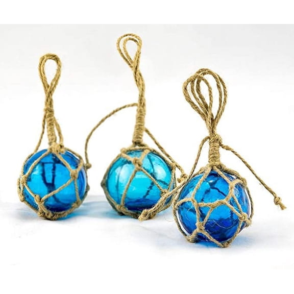 Glass Fishing Floats, 3" Aqua, 3 Pack, Japanese Glass Buoys with Rope for Decoration