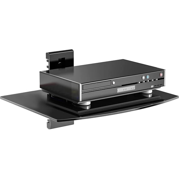 Glass Floating Shelf, 1 Tier Media Shelf for TV Accessories, Flat Black Wall Mount Bracket, 17.6lbs Weight Capacity, Quick Installation, Cable Management, Custom Style, Backless