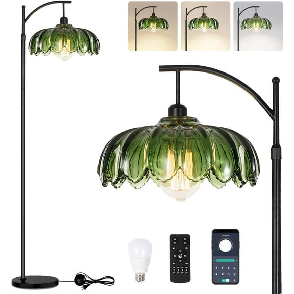 Glass Floor Lamp for Living Room,Bedroom,Gold Dimmable Standing Lamp with Remote,Mid Century Modern Brass Tall Lamp Boho Vintage Retro Floor Lamps Arc Green Flower Floor Light Lamp Bohemian