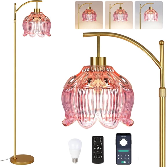 Glass Floor Lamp for Living Room,Bedroom,Gold Dimmable Standing Lamp with Remote,Mid Century Modern Brass Tall Lamp Retro Vintage Lamp Floor Light Boho Bohemian