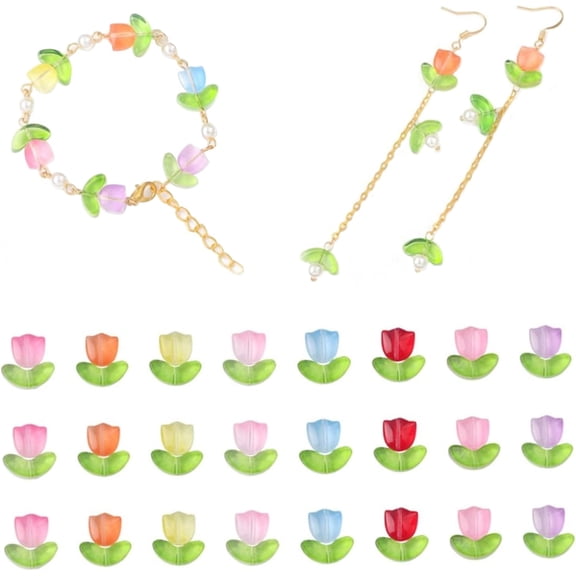 Glass Flower Beads for Jewelry Making, 100PCS Translucent Loose Beads for Bracelet DIY, Mothers Day Craft Gift(1 SET)DSF