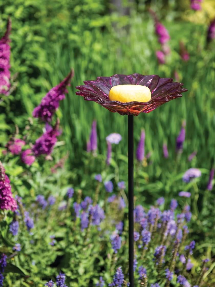 Purple Glass Flower Butterfly Feeder Stake with Yellow Sponge
