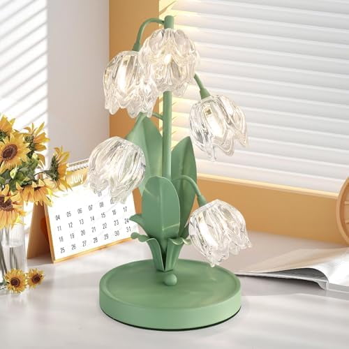 Glass Flower Table Lamp,5 Lily of The Valley Bedside Lamps,3 Color Modes Desk Lamp with G4 Led Bulbs for Home,Living Room,Bedroom,Night Stands,Decor$$Tools & Hardware Other