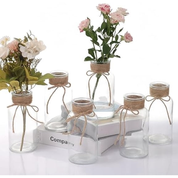 Glass Flower Vases for Centerpieces Boho Cylinder Bud Vases in Bulk Mason Jars for Weddings, Parties & Vintage Home Decor (6, Clear)