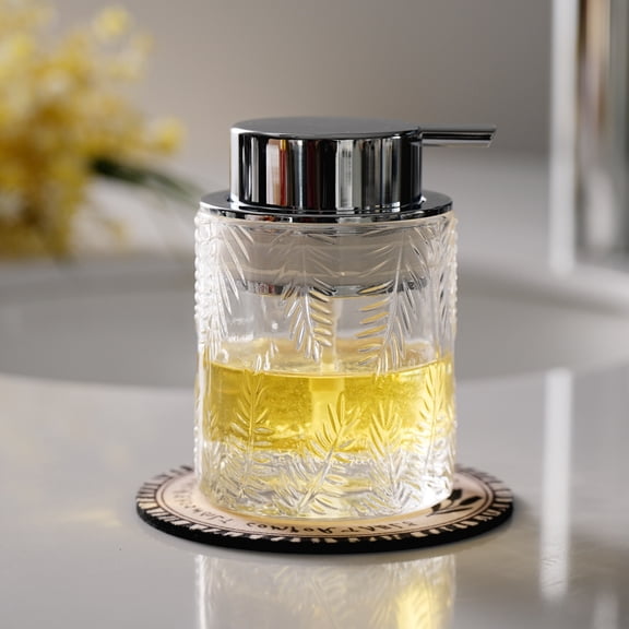 Sofinny Glass Foaming Hand Soap Dispenser for Kitchen & Bathroom, Refillable Lotion Dispenser with Large Silver Pump(Leaf Pattern-Clear)