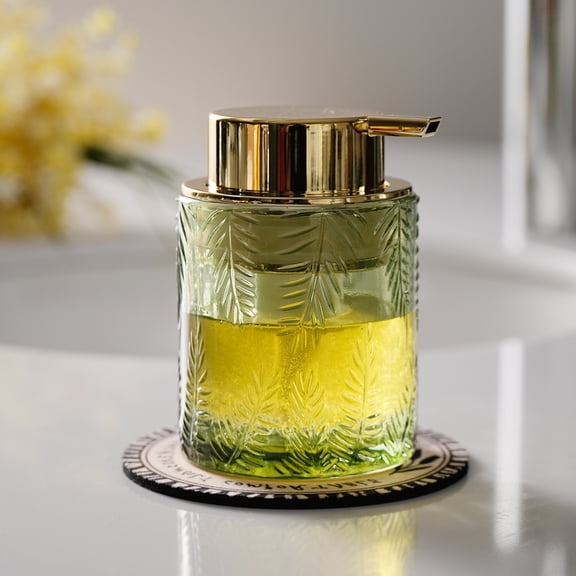 Sofinny Glass Foaming Hand Soap Dispenser for Kitchen & Bathroom, Refillable Lotion Dispenser with Large Gold Pump(Leaf Pattern-Green)