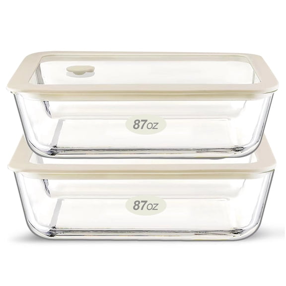 Glass Food Container Set with Airtight Air Vent Lid 2 Pack Large 87 oz Leakproof Plastic Free White Sand
