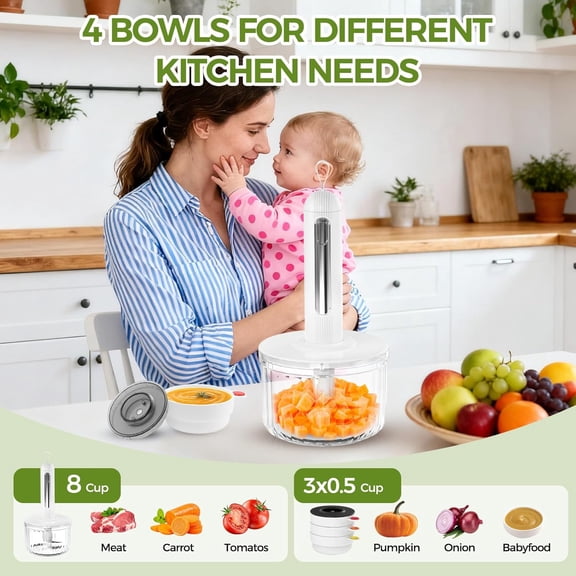 Glass Food Processor, Small Food Processor with 2 Blades and 4 Bowls(1500ml/8 Cup + 3150ml/3x0.5 Cup), Cordless Electric Meat Grinder for Meal Prep Baby Food Sauces