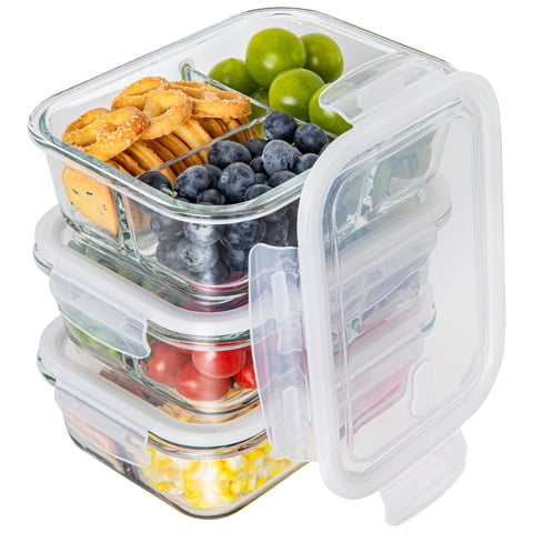 GPED Glass Food Storage Container with Lids, 3 Pack 34 Oz Meal Prep Containers, 1 & 2 & 3 Compartment Lunch Container, Airtight Bento Box with Leak Proof Locking Lids, Microwave and Dishwasher Safe
