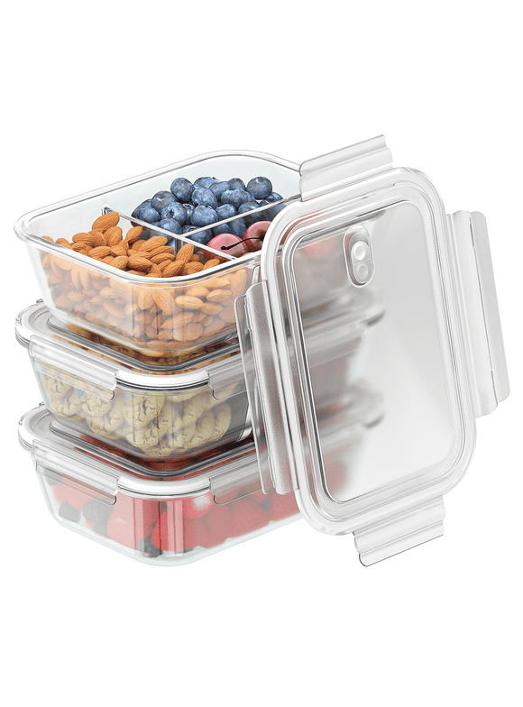 Glass Food Storage Container with Lids, 3 Pack 34 Oz Meal Prep Containers, 1 & 2 & 3 Compartment Lunch Container, Airtight Bento Box with Leak Proof Locking Lids, Microwave, Dishwasher Safe, BPA Free