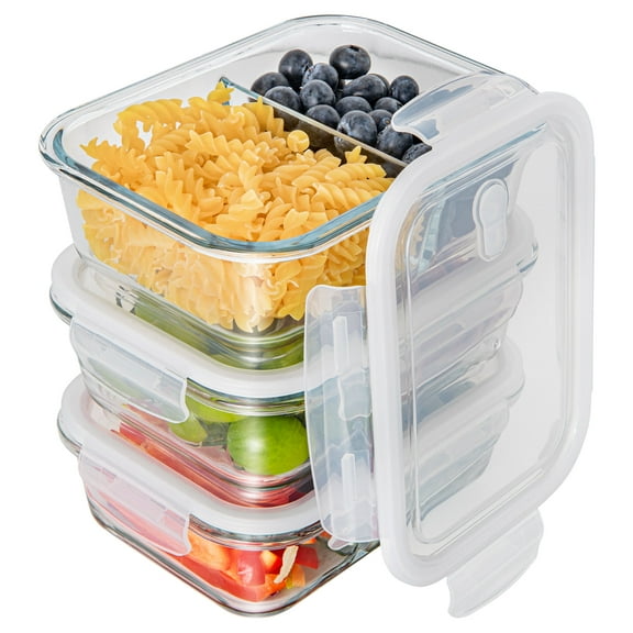 GPED Glass Food Storage Container with Lids, 3 Pack 34 oz Meal Prep Containers 2 Compartments, Airtight Lunch Containers, Bento Box with Leak Proof Locking Lids, Microwave, Dishwasher Safe, BPA Free