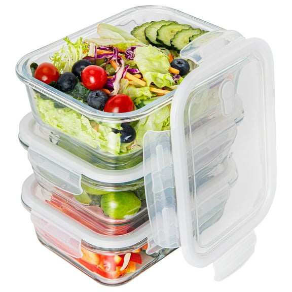 GPED Glass Food Storage Container with Lids, 3 Pack 34 oz Meal Prep Containers, Airtight Lunch Containers, Bento Box with Leak Proof Locking Lids, Microwave, Dishwasher Safe, BPA Free