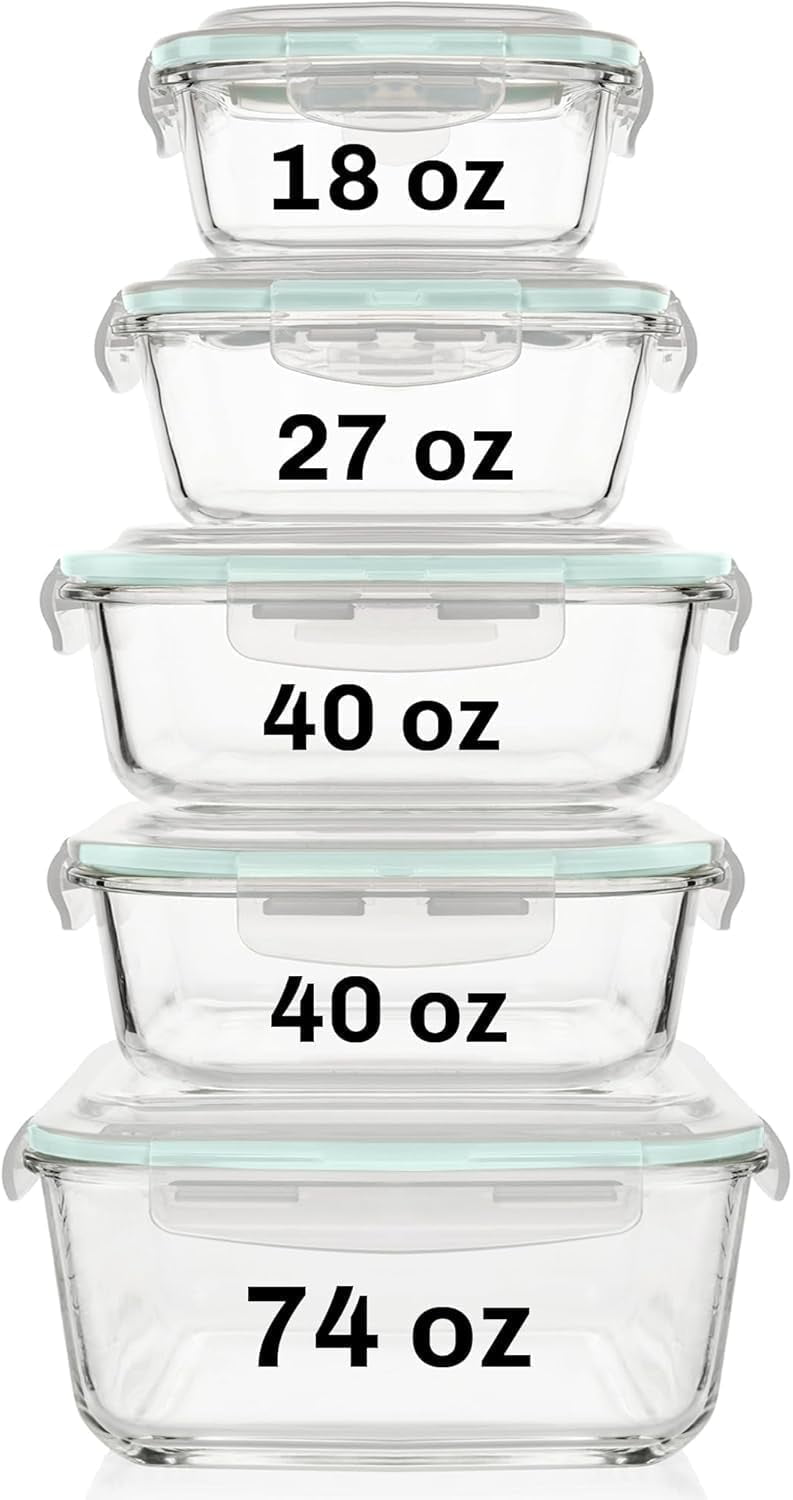 10-Piece Clear Glass Food Storage Containers with Snap Lids
