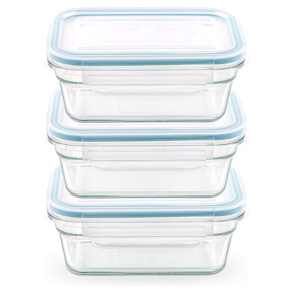 Glass Food Storage Containers - 3 Pack Airtight Rectangular Containers 378ml - Microwave & Oven Safe - BPA Free - Leakproof Snaplock Lids