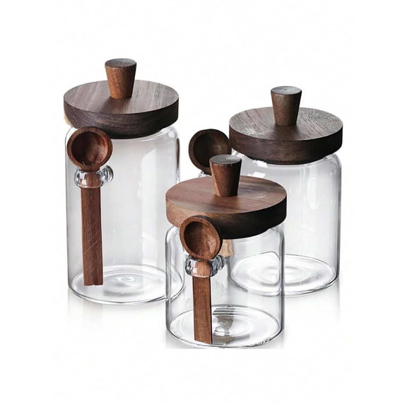 Glass Food Storage Containers with Airtight Lids and Spoons, 3-Piece Kitchen Canister Set for Coffee, Sugar, Tea and Spices, 15oz, 18.5oz, 25oz Clear Jar Rack for Countertop