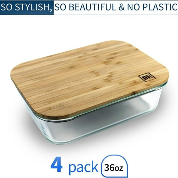 Glass Food Storage Containers with Bamboo Lids (4-Pack, 36oz) Airtight, Leakproof, BPA-Free Borosilicate Glass Meal Prep Containers Eco-Friendly, Oven/Microwave/Freezer Safe-Plastic-Free & Reusable