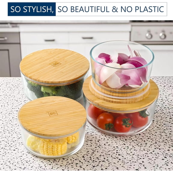 Glass Food Storage Containers with Bamboo Lids – 4 Pack Round (2x33oz + 2x60oz) – BPA-Free Borosilicate Glass Meal Prep Containers – Plastic-Free, Oven, Microwave, Freezer Safe