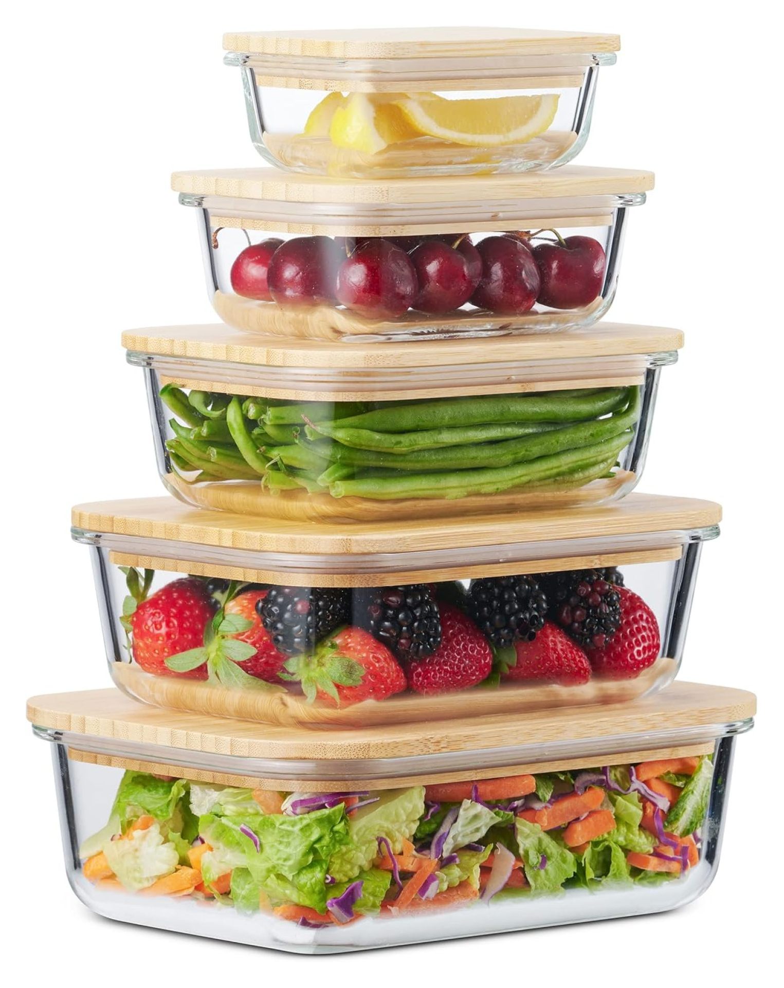 Glass Food Storage Containers with Bamboo Lids EcoFriendly, set of 5