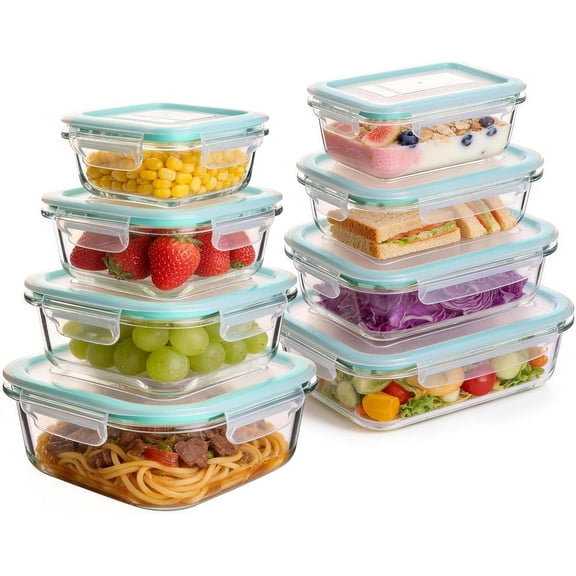 Glass Food Storage Containers with Lids, 8 Pack Meal Prep Containers, Airtight Leak-Proof Locking Bento Boxes, Microwave, Oven, Freezer and Dishwasher Safe, BPA Free, 5oz to 36oz Size Variety