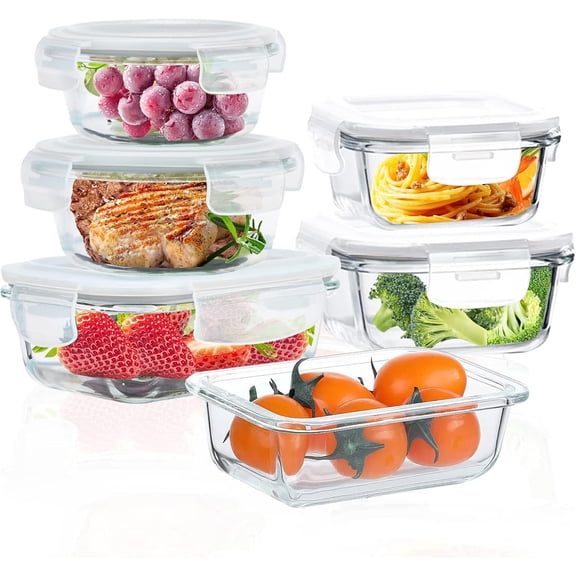 Glass Food Storage Containers with Lids Airtight 6 Pack, Glass Storage Containers with Lids for Food, Not Easy Broken & Leak Proof, Oven/Dishwasher Safe, Grey