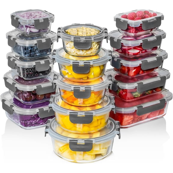 Glass Food Storage Containers with Lids - Reusable Glass Meal Prep Containers for Lunch and Leftovers - Airtight & Leakproof Snap Locking Lids - Oven, Freezer, Microwave, Dishwasher Safe