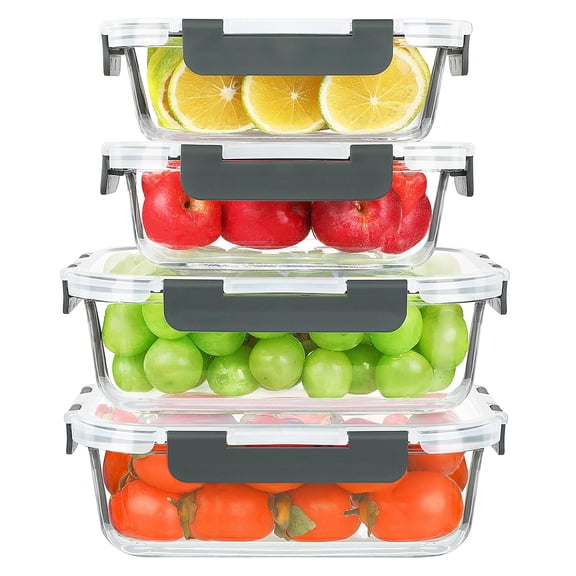 Glass Food Storage Containers Set, 4 Pack Mixed Size, Airtight Leak Proof For Meal Prep