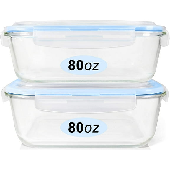 Glass Food Storage Containers Set, Large Size Containers with Lids, BPA-free Locking lids, 100% Leak Proof Glass Meal Prep Containers, Freezer to Oven Safe (2 Pack of 80oz)