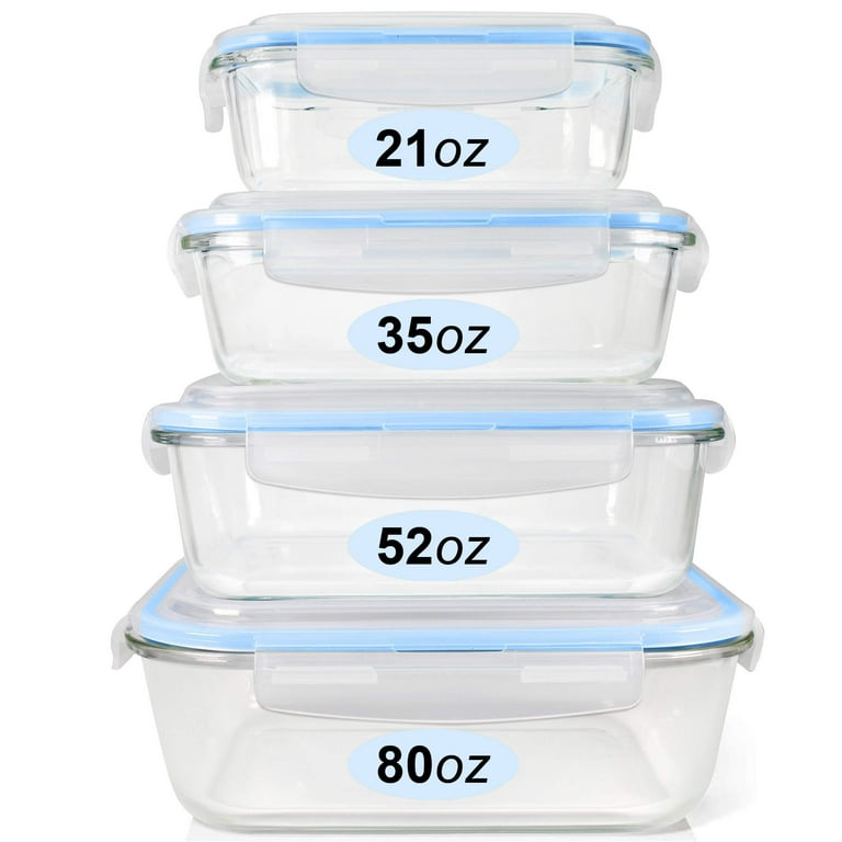 Glass Food Storage Containers Set, Large Size Glass Containers with Lids,  BPA-free Locking lids, 100% Leak Proof Glass Meal Prep Containers, Freezer  to Oven Safe 4 Pack of 80oz, 52oz, 35oz, 21oz 