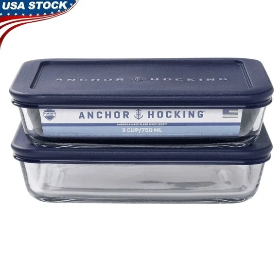 Glass Food Storage Containers W/ Lids Set Of 2 3 Cup Rectangular Microwave Safe