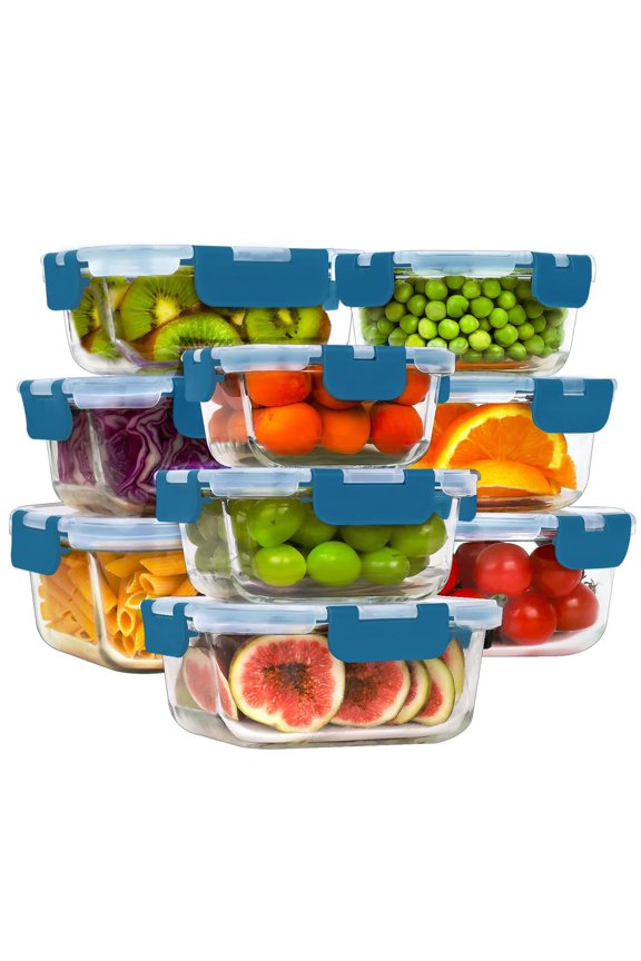 Glass Food Storage Containers With Lids  [18 Piece] Meal Prep Airtight Lunch Bento Boxes & Leak Proof (9 9 Containers) - Deep Blue