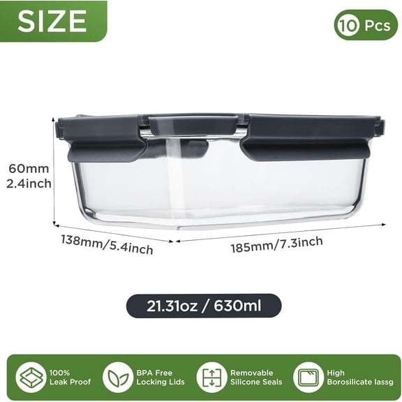 Glass Food Storage Containers with Lids, 10 Pack of 21oz Meal Prep Set