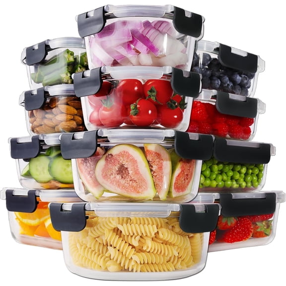 24 Piece Glass Food Storage Containers with Lids Leak Proof Airtight Bento Lunch Boxes,Oven & Freezer Safe Kitchen Storage Set(12 Containers+12 Lids)