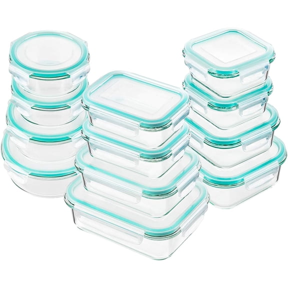 Glass Food Storage Containers with Lids, [24 Piece] Meal Prep, Airtight Bento Boxes, Leak Proof (12 lids & 12 Containers) - Blue