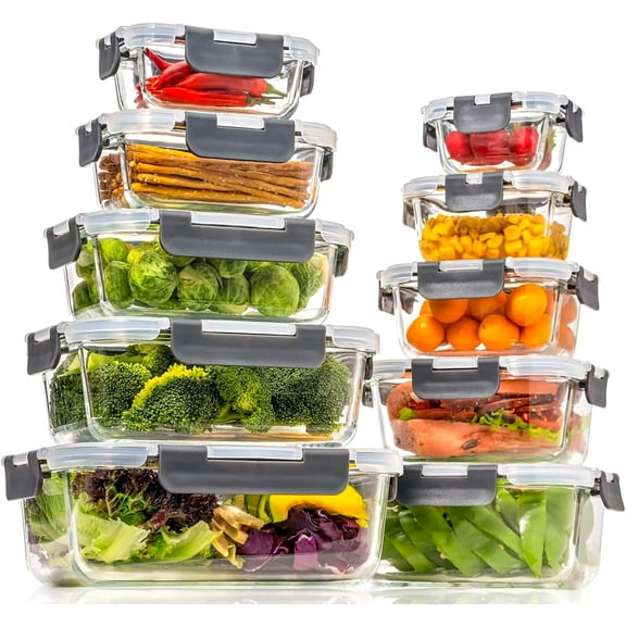 Airtight Glass Food Storage Containers with Lids Set 20 Pieces Microwave Oven Freezer Dishwasher Safe Leak Proof Clear