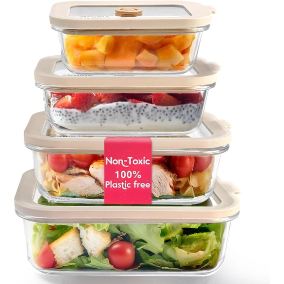 Multisize Glass Food Storage Containers with Platinum Silicone Lids – 4-Pack – Plastic-Free, Borosilicate Glass, Oven & Freezer Safe, Non-Toxic