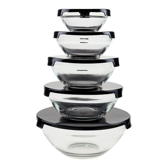 Glass Food Storage Containers with Snap Lids- 10 Piece Set by Chef Buddy (Black)
