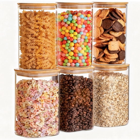 Glass Food Storage Jars Set Round 3Pack&Square 3Pack-37oz Pantry Organization