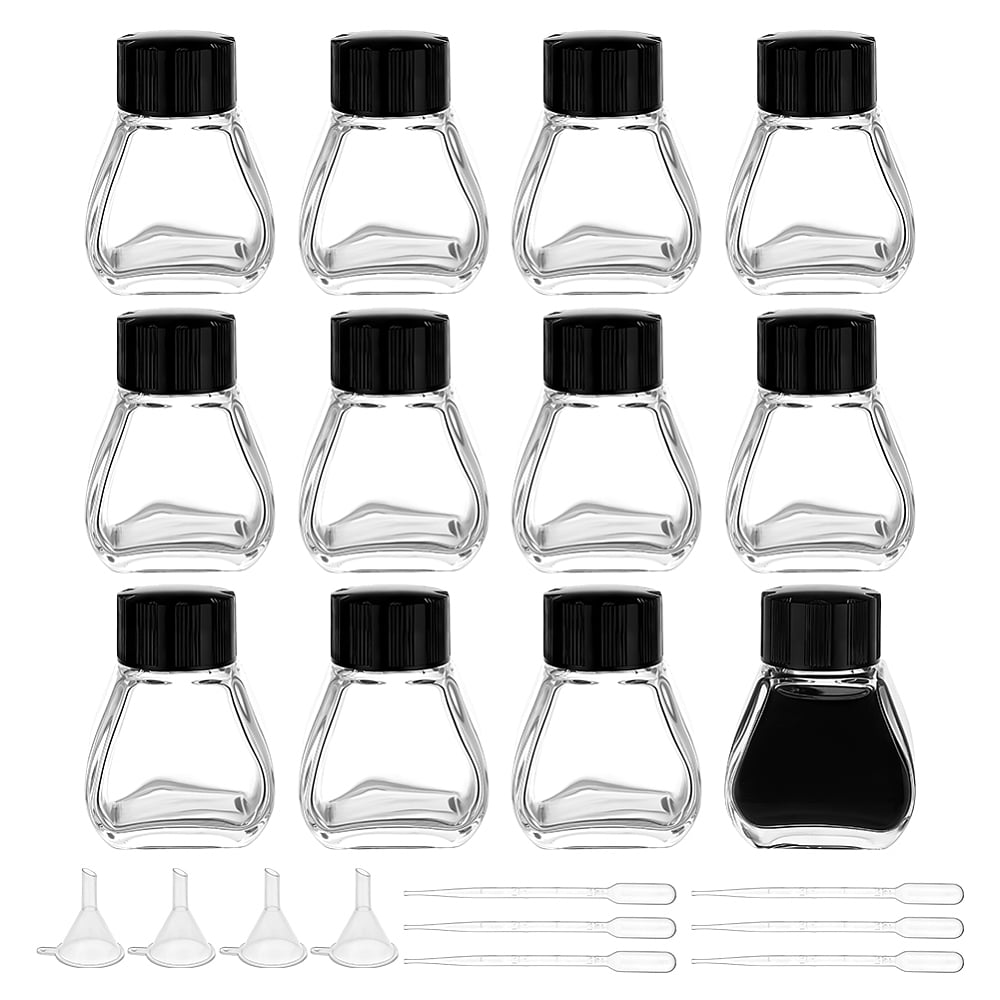 Glass Fountain Pen Ink Bottle with Plastic Bottle Cap & Funnel Hopper & Dropper Clear 4x4.3x5.7cm Capacity: 30ml(1.01fl. oz) 12pcs