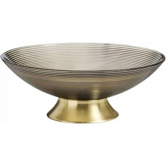 Glass Fruit Bowl With Metal Base, Decorative Bowl Vintage Fruit Bowl for Kitchen Counter, Ribbed Glasses Pedestal Bowl Table Centerpieces Decor, Large Serving Dish B B