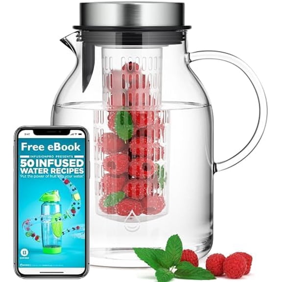 Glass Fruit Infuser Water Pitcher, Heat Resistant for Hot/Cold Use, Iced Pitcher | Tranquil Collection, 2 Qt